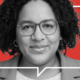 school technology: Headshot Katy Knght, Black woman with short bobbed black hair and dark-framed glasses in gray jacket with white top against red background.