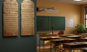 10 commandments in classroom: 2 stone tablets hang on wall at entrance to empty classroom