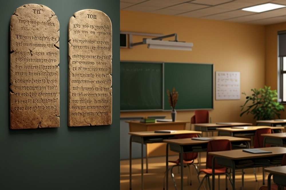 10 commandments in classroom: 2 stone tablets hang on wall at entrance to empty classroom