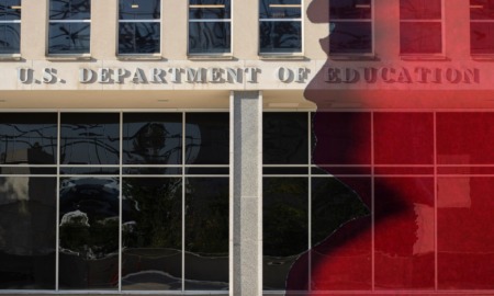 Closing DOE: Front of federal Dept of education builng with red profile silhoette of Trump's face overlaid on left side