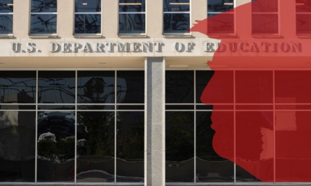 Closing DOE: Front of federal Dept of education builng with red profile silhoette of Trump's face overlaid on left side