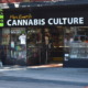 Cannabis dispensary near schools: Cannabis dispensary storefront wit sign, "Cannabis Culture" in white text on black next to image of green marijuana leaf