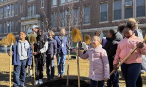 Philadelphia schools get state grant to plant more trees: young students with shovels stand and smile in front of newly planted tree outside school building