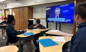 Teachers toss their lesson plans, give students the floor to grapple with election results, Trump win: classroom with Trump on TV