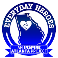 Logo in shades of medium to dark blue on white in circle shape with text "Everyday Heroes: An Inspire Atlanta project"