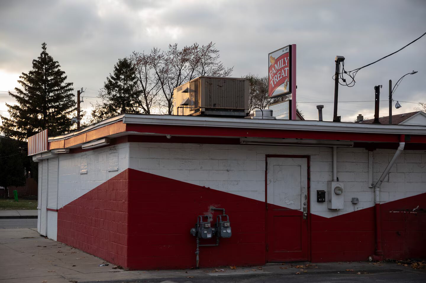 High school drop-out: Back of red and white one story building in empty parking lot