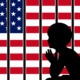 Immigrant arrests in schools: Black silhouette of profile young child sitting leaning forward with hands clasped and elbows on knees in front of illustration American flag cut into strips