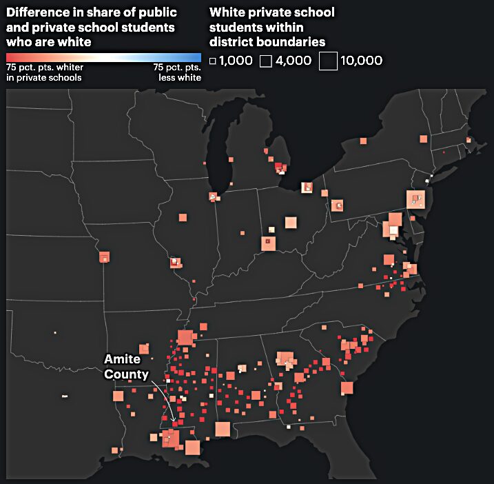 Amite school segregation academies: Map eastern U.S. in brown on black background with shades of red, orange and gold in small blocks indicating statistics