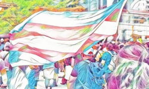 Illustration in colored pencils of crowd protesting n street with large transgender pastel pink blue & white waving flag in the foregroud against city greenery & buildings