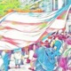 Illustration in colored pencils of crowd protesting n street with large transgender pastel pink blue & white waving flag in the foregroud against city greenery & buildings