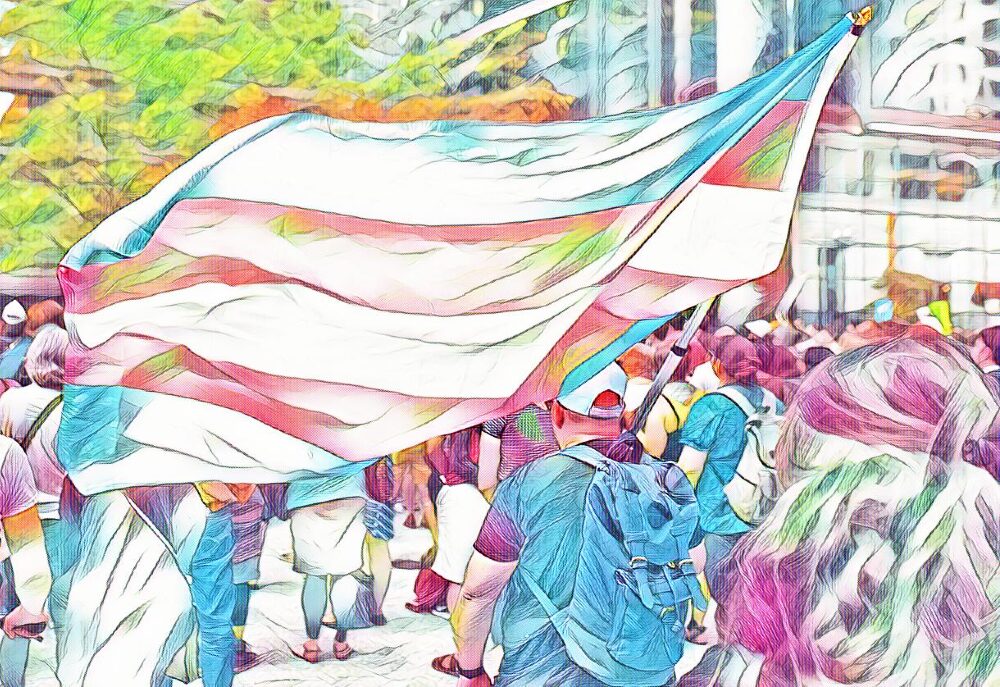 Illustration in colored pencils of crowd protesting n street with large transgender pastel pink blue & white waving flag in the foregroud against city greenery & buildings