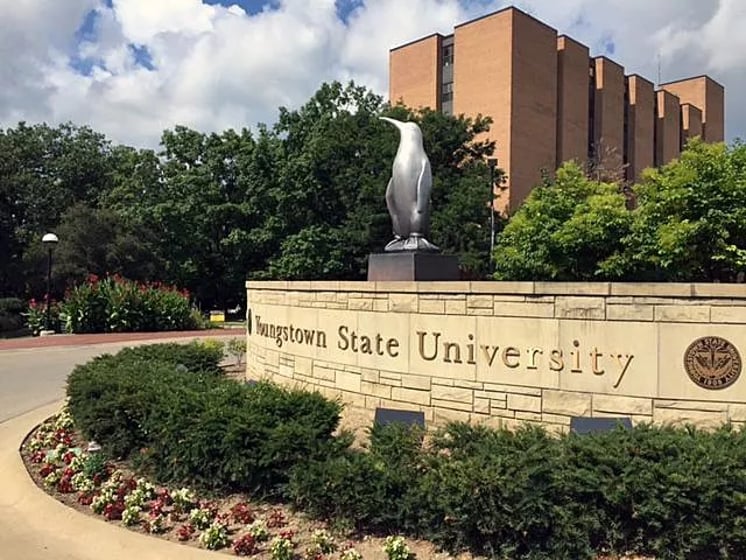 Rural colleges cut programs: Statue penquin stands atop low rock wall with signage text "Youngstown State University" with green trees and multistory, modern, red brick building in background