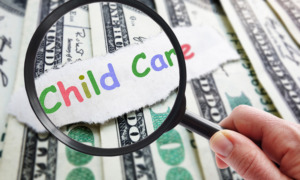 Child care like Hunger Games: Colorful Child Care text with magnifying glass and money