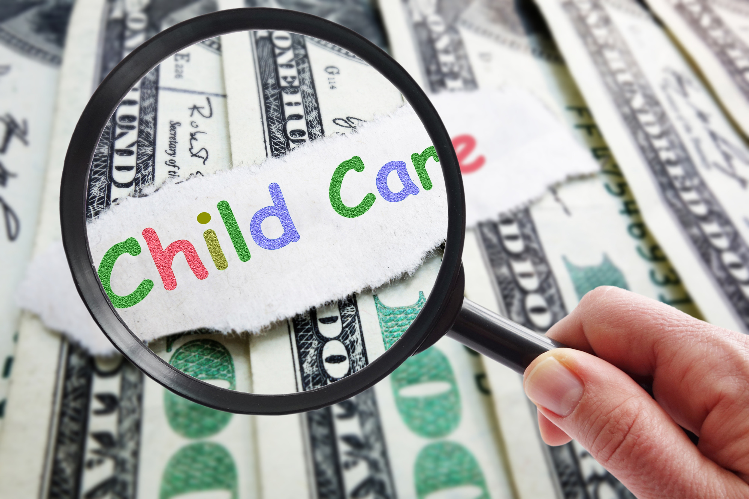 Child care like Hunger Games: Colorful Child Care text with magnifying glass and money