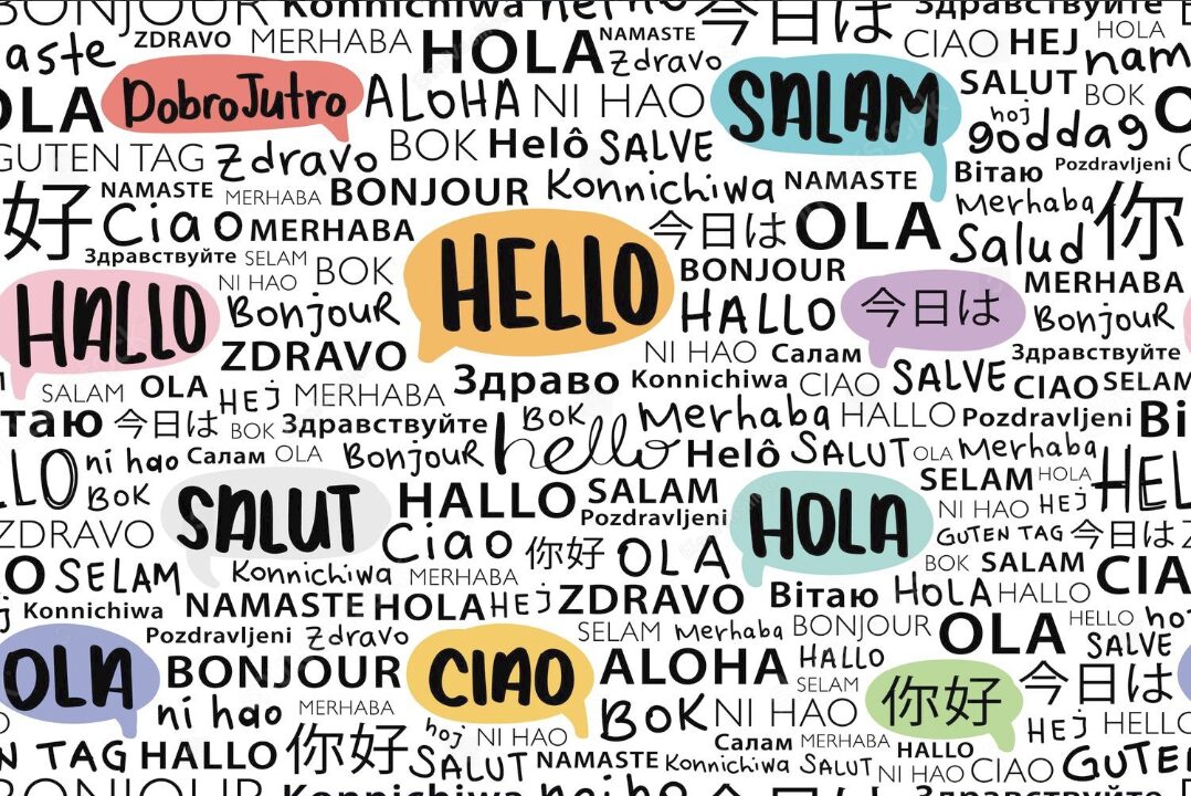 ilingual children: Word cloud of "hello" in multiple languages in handprinted text in black on white with some words in pastel-colored bubbles