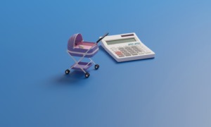 Child care cost report: 3D graphic of baby stroller and calculator on blue background