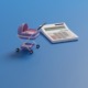 Child care cost report: 3D graphic of baby stroller and calculator on blue background