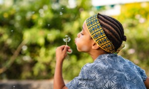 Black minds matter report on Black students in California: young black boy with colorful headband blows dandelion