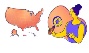 2024-U.S.-national-survey-on-the-mental-health-of-LGBTQ-young-people-by-state: graphic of US map and colorful person with magnifying glass