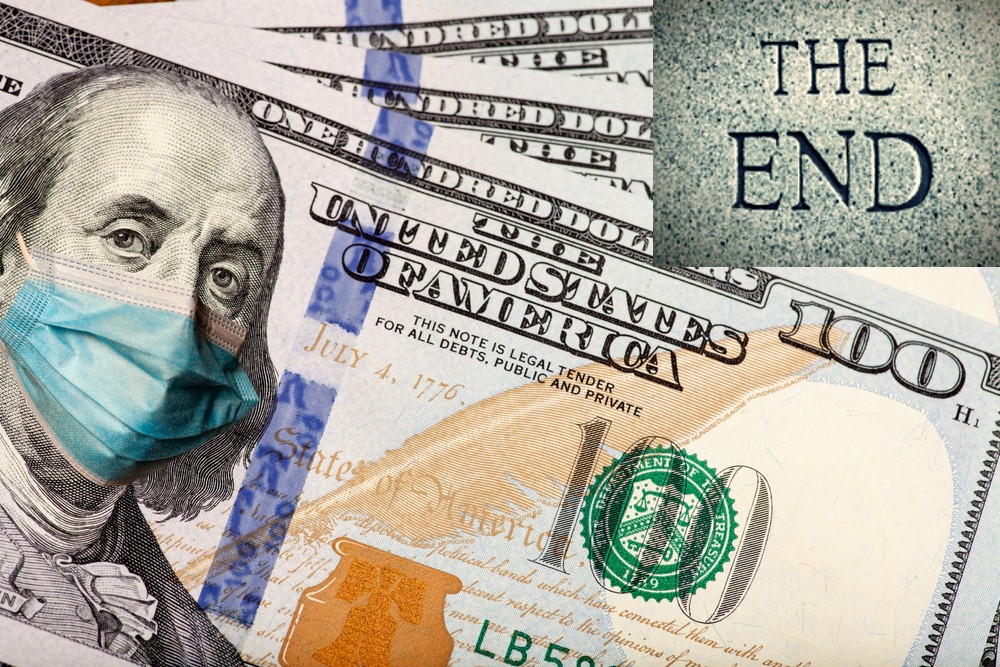 COVID ed Dept Funding Halted: Image 100 dolar bills with headshot Ben Frankiin in blue covid face mask on left and the words on stone "The end" on top right superimposed