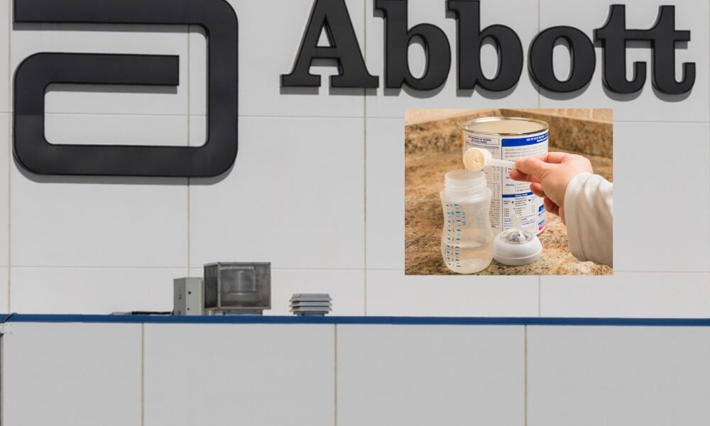 ABBOTT LAB baby formula contamination: Close up of Abbott logo on gray building with inset of adult hand scooping white powdered formula out of can into a baby bottle.