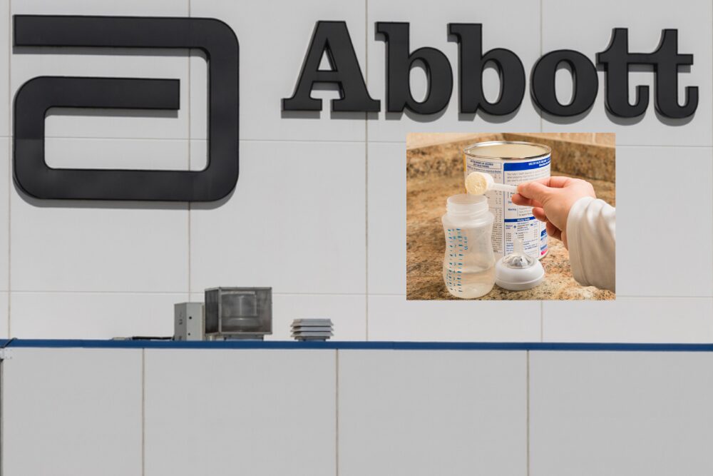 ABBOTT LAB baby formula contamination: Close up of Abbott logo on gray building with inset of adult hand scooping white powdered formula out of can into a baby bottle.