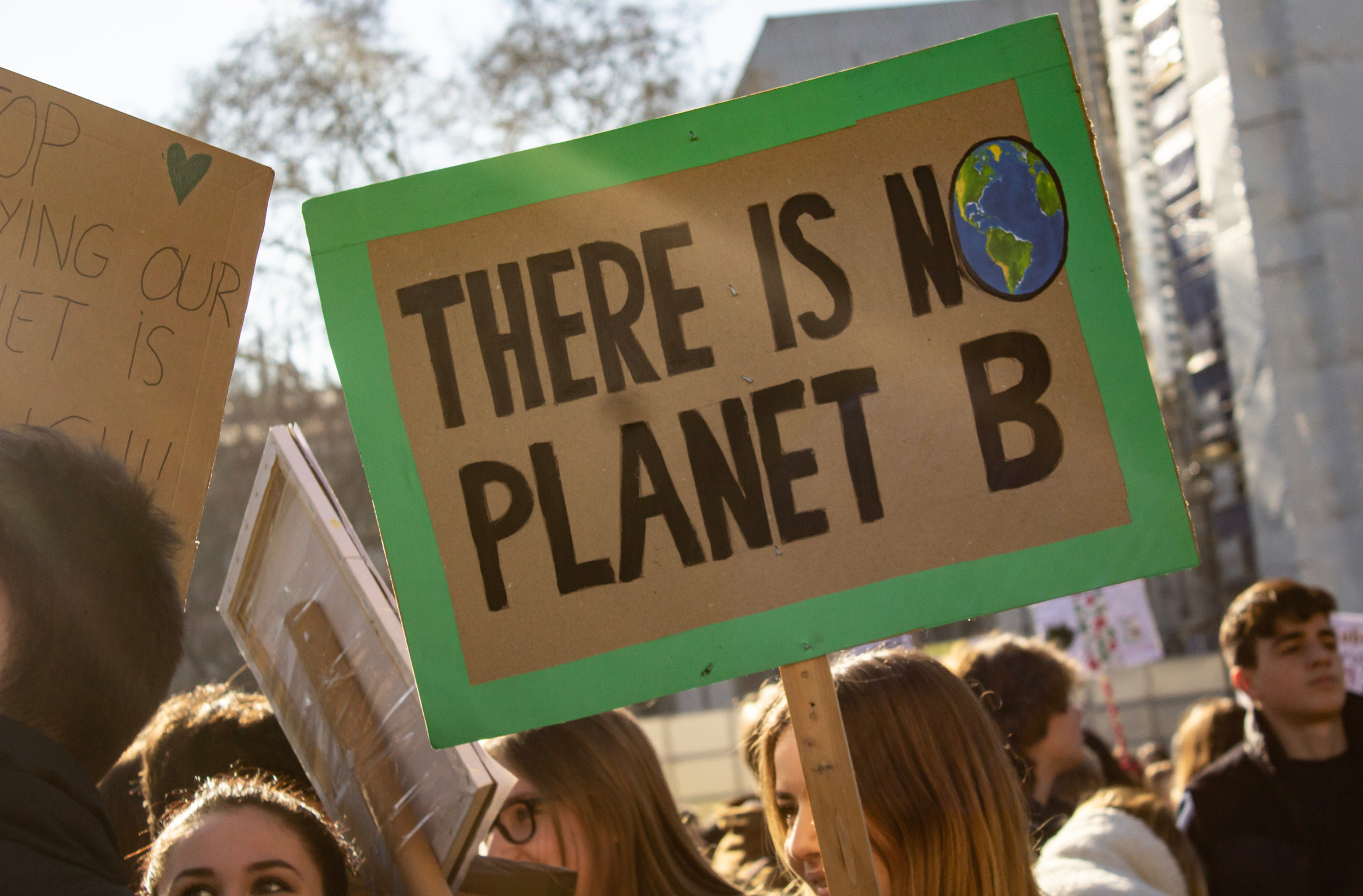 Climate change and adolescents: Large group young adult and teens with hand-painted cardboard sign "There is no planet B"