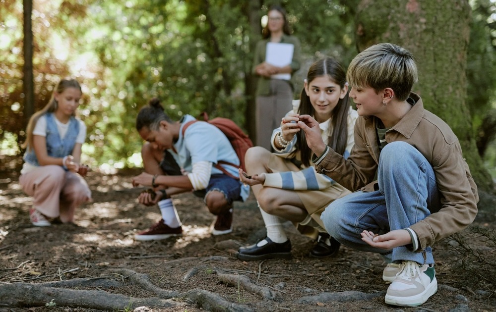 Every connections matters in youth-centered education: Group of teen boys and girls having fun picking up pine cones from ground in botanical garden during outdoor educational activity