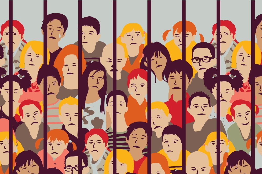 Podcasy juvenile justice: illustration of 2 dozen or more ethnically-mixed young people's faces packed together behind prison cell bars