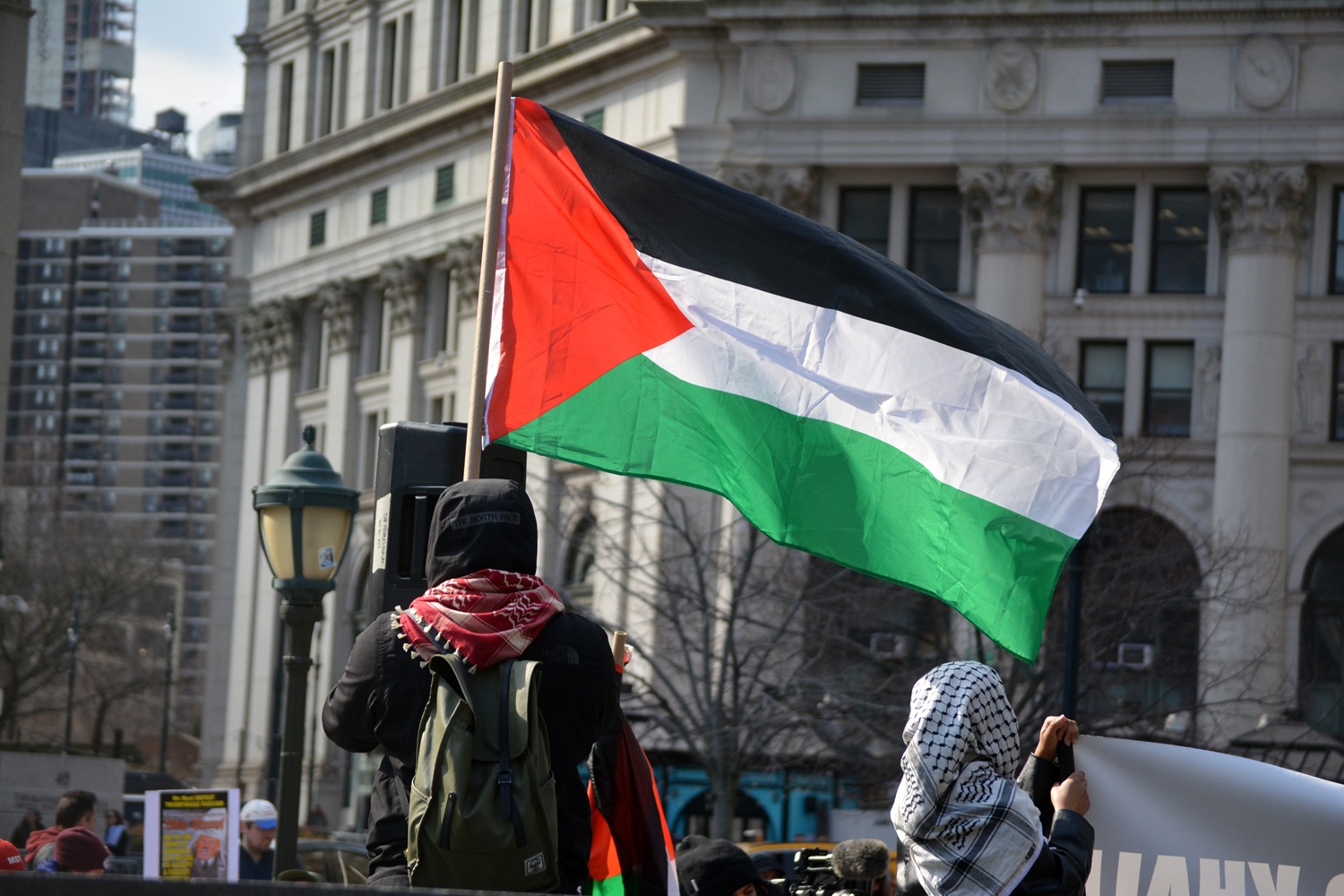 Trump is targeting international students over pro-Palestinian protests: view of protestor in hoody from behind holding Palestinian flag