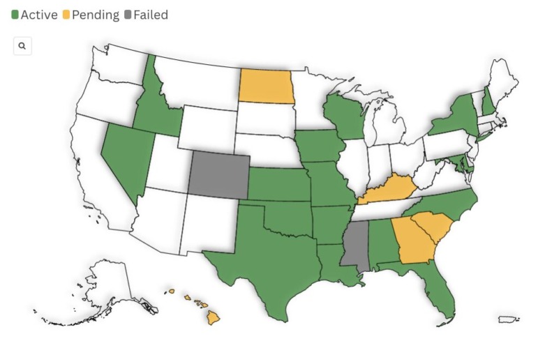 College DOGE cuts: Outline mapof US with states colored in green, gold, gray or white by status of DOGE-like state offices or initiatives.
