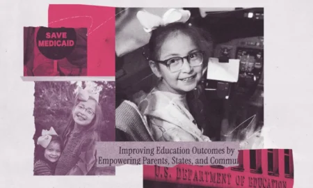 Disabled kids & medicaid cuts: Collage black and white photos young girl with dark hair in and black text in faded red blocks about medicaid