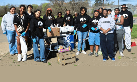 In Dallas, a Big Thought is brewing about how cities can help their children grow: group of youths stand outside in front of supplies on clear day
