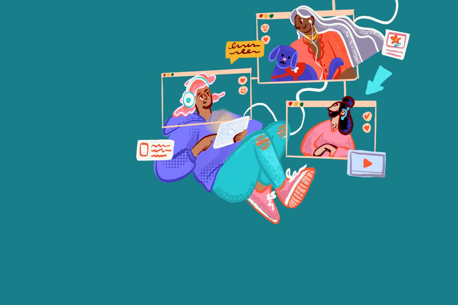 Exploring pride and support of LGBTQ+ young people in rural communities: illustrated graphic of young people of different ethnicities connecting through technology