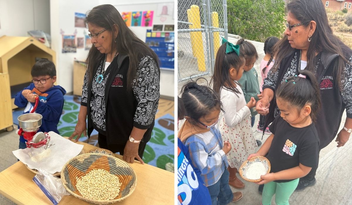 For some tribal communities, Head Start programs provide a cultural lifeline: two images showing woman teaching children to grind corn into cornmeal and then passing it out