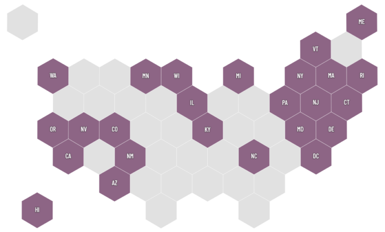 Americorps funding cuts: Map of Unitd State with each ste represented by a hexagon n gray or purple