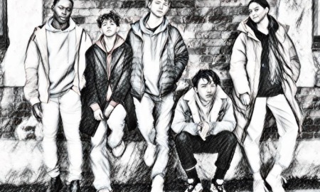 Student reengagement: Black ink sketch of five teens in winter jackets stand in front of brick wall