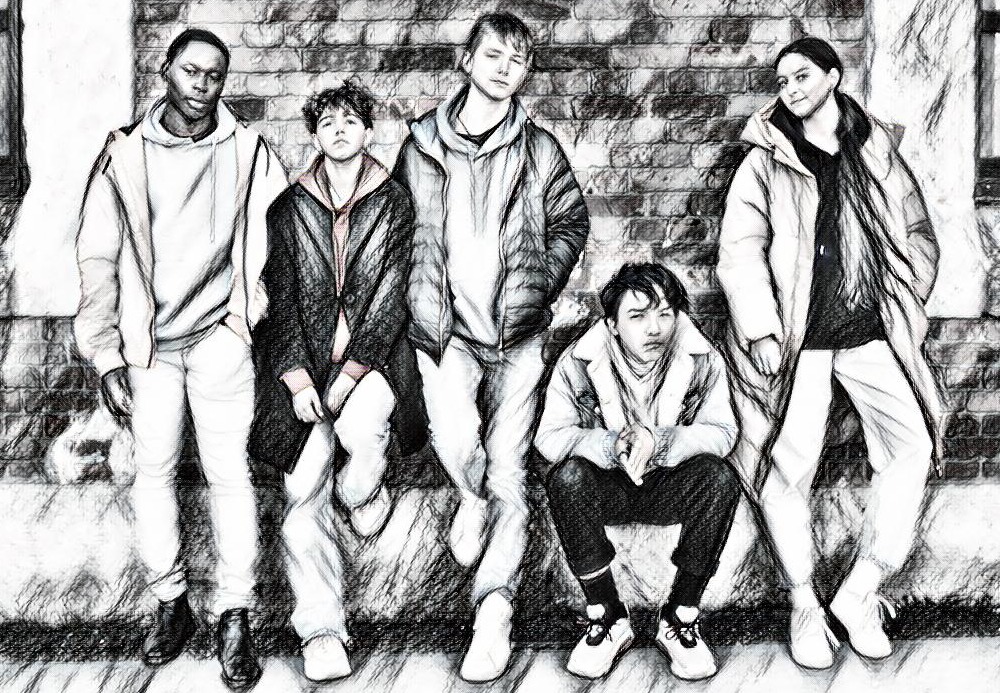 Student reengagement: Black ink sketch of five teens in winter jackets stand in front of brick wall