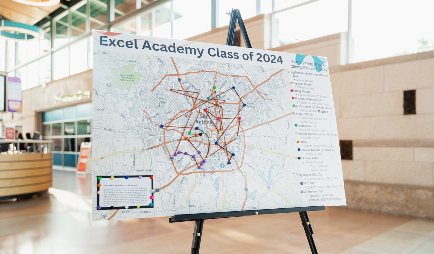 In San Antonio, TX, youth development programs work together_web map: a map of San Antonio with strings and pins mapping out community organization work and connections