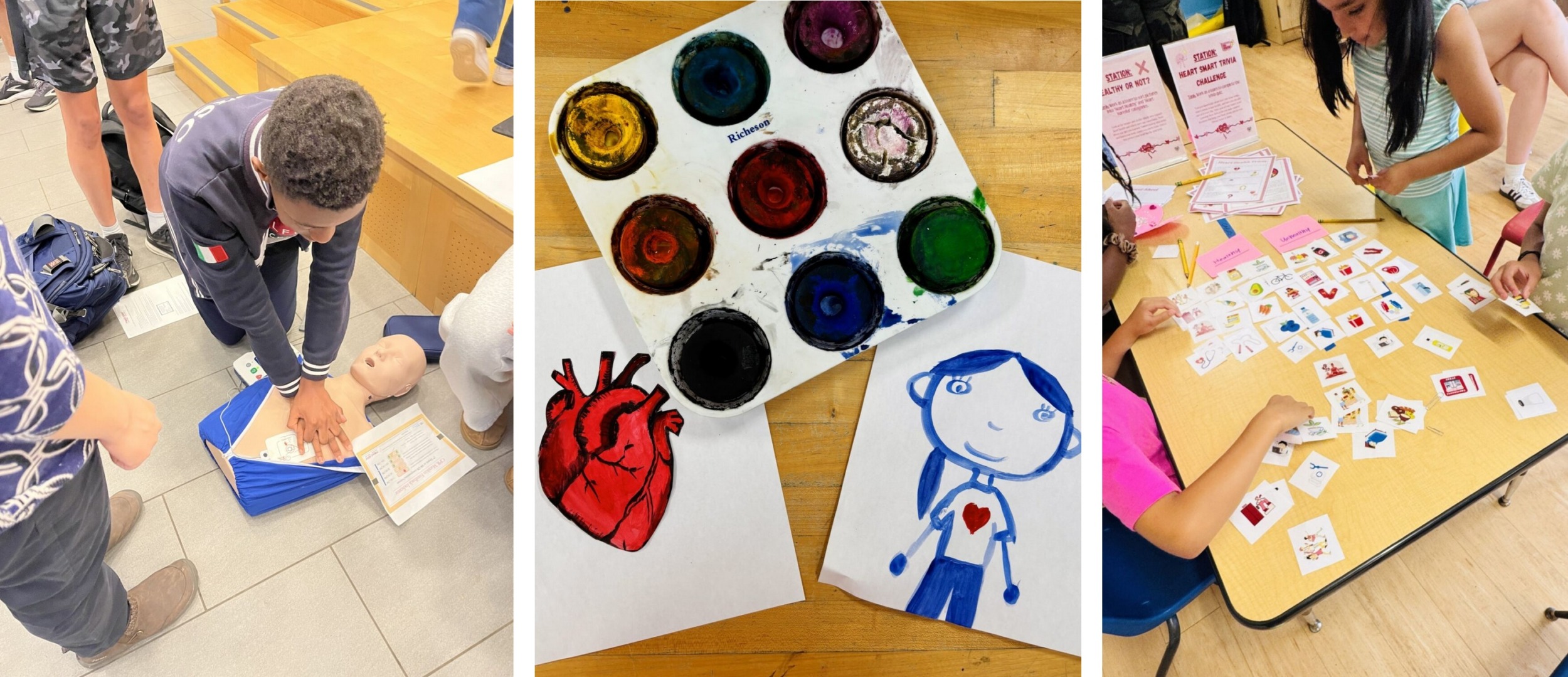Missing conversation_heart disease and teen years_3 panel: three images with first showing boy practicing CPR on dummy, then an image of chidren's art about the heart and then children at a table participating in cardiovascular related trivia game