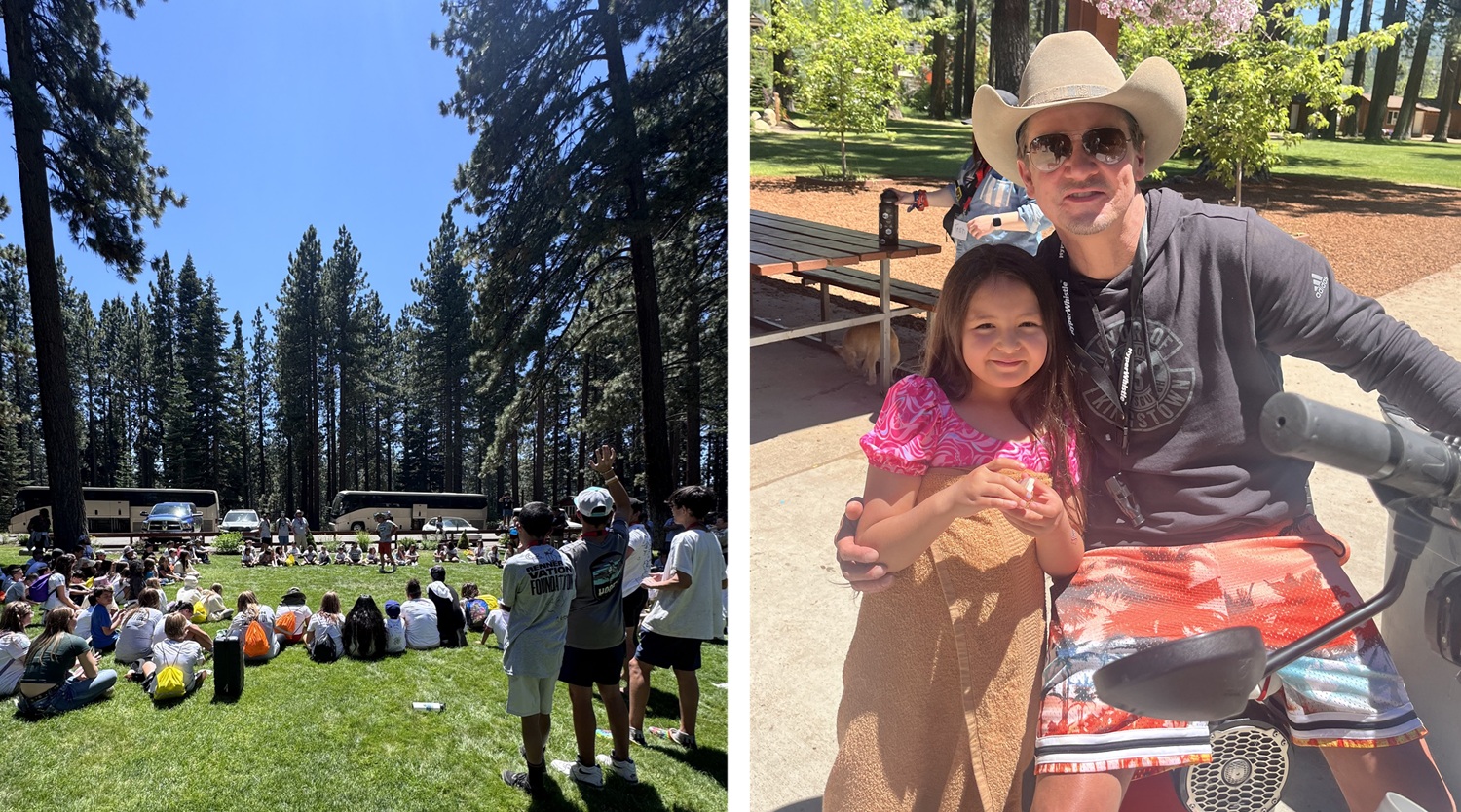 The healing power of camp_Trauma-informed adventures for kids in foster care: left image showing group of children on grass sitting and listening with camp buses in background; right image showing actor Jeremy Renner in cowboy hat with young girl at camp