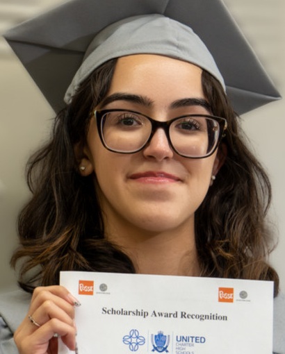 Angelina Rosario headshot: smiling young Latino female student in graduation cap and glasses holding certificate