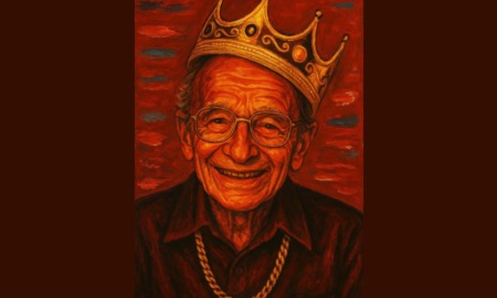 Biggie through Bronfenbrenner's eyes_feature: graphic illustration of older white man wearing chain and crown to emulate rapper
