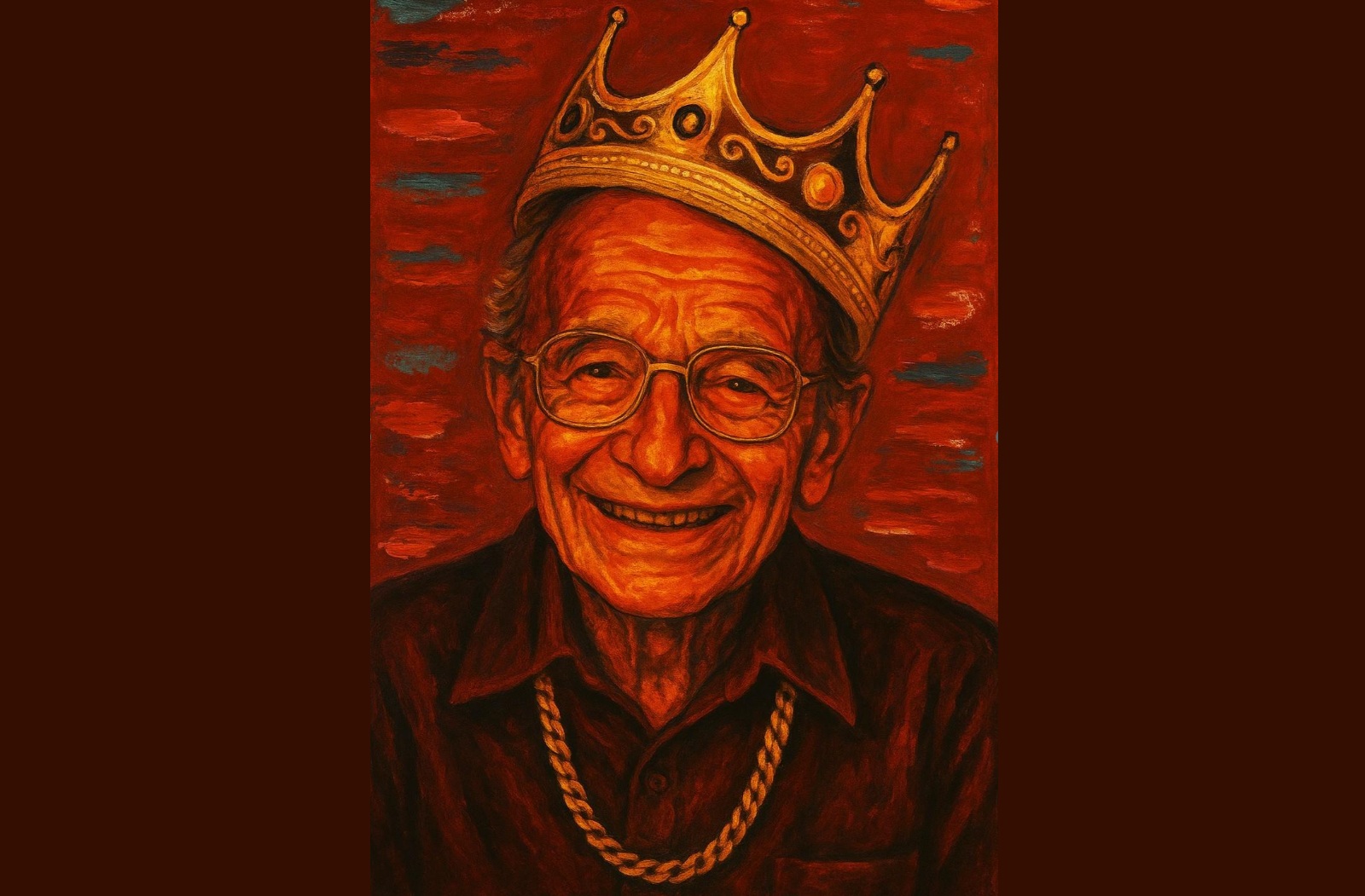 Biggie through Bronfenbrenner's eyes_feature: graphic illustration of older white man wearing chain and crown to emulate rapper