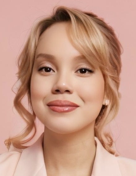 Channing L. Collins headshot: woman with blonde hair in front of pink background