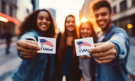 Crisis in GenZ political education_feature: group of youths holding "I voted" stickers outside