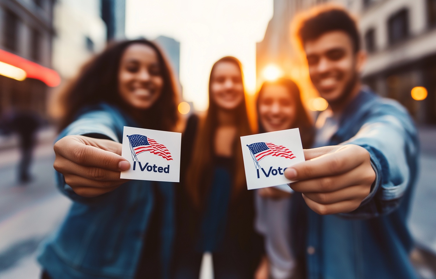 Crisis in GenZ political education_feature: group of youths holding "I voted" stickers outside