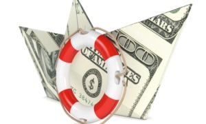 Cash, community, possibility; foster youth _feature : paper boat made with dollar banknotes, and a lifebelt, concept of safety (3d render)