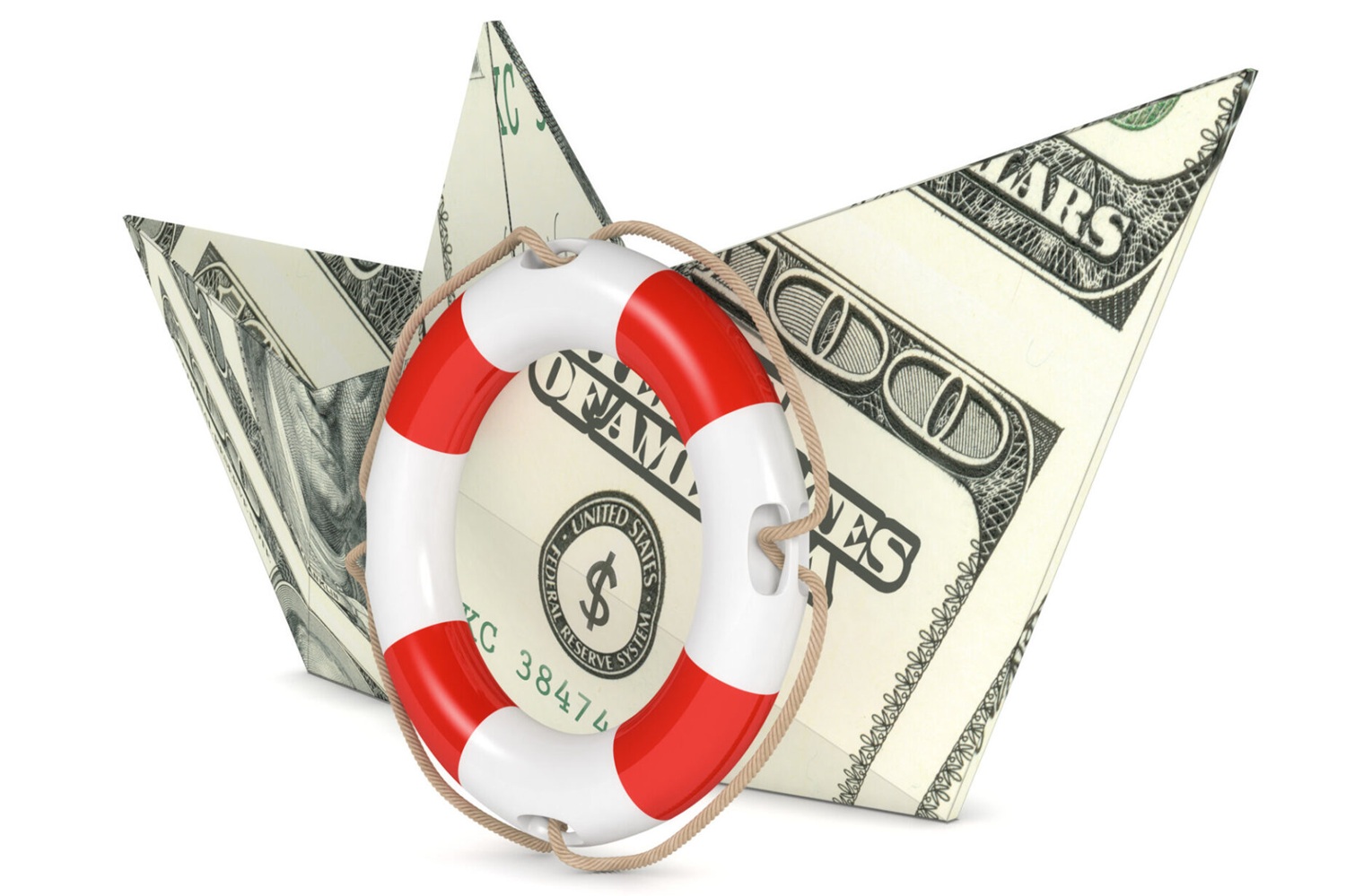 Cash, community, possibility; foster youth _feature : paper boat made with dollar banknotes, and a lifebelt, concept of safety (3d render)