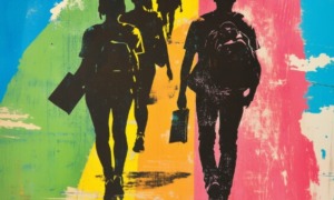 Q&A_Michaela Leslie-Rule on How We See Us_ book cover feature: multicolored graphic of youth silhouettes walking away